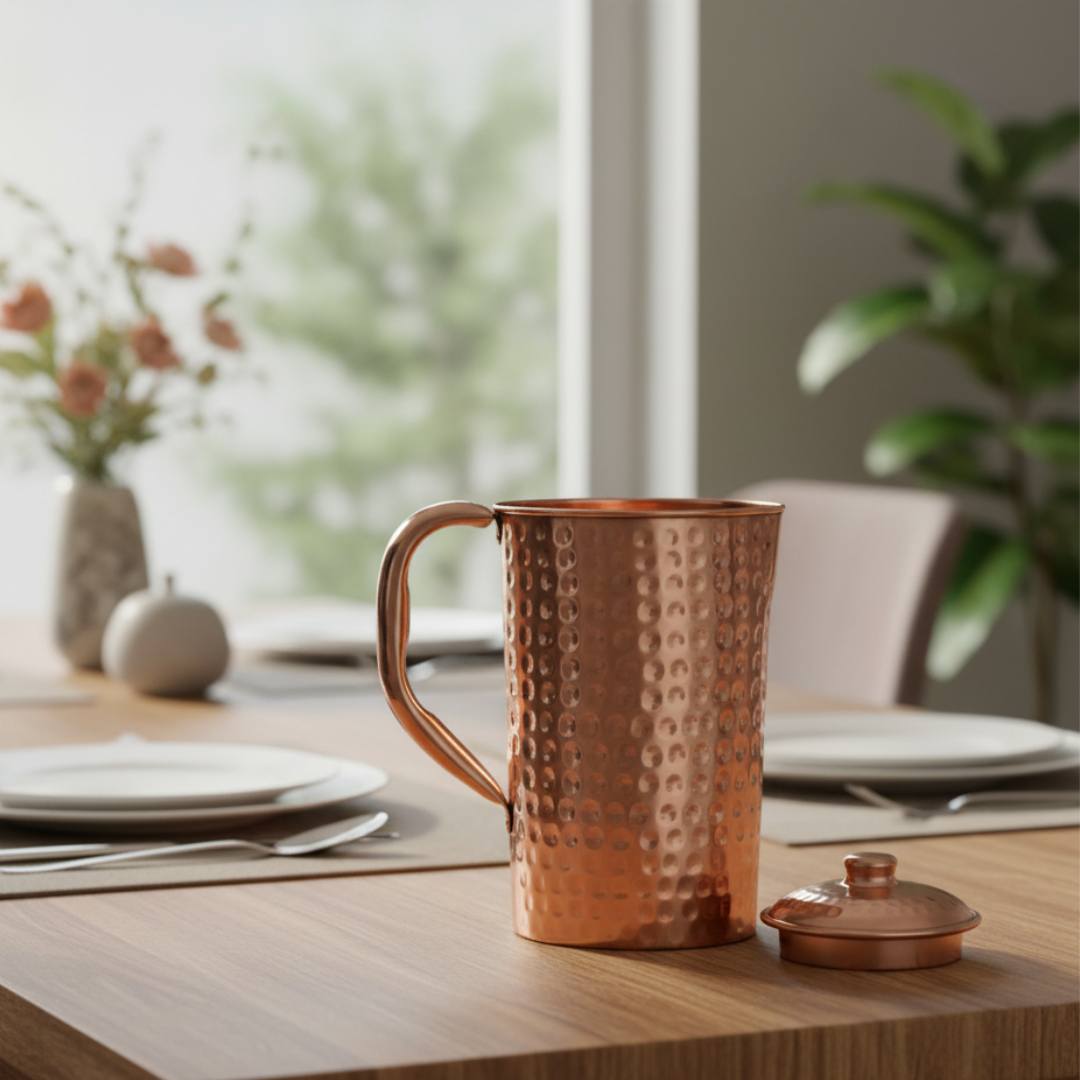 Pure copper jug hammered design with cap 2 litre premium