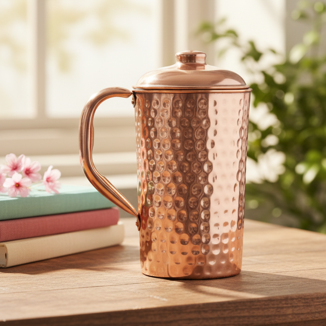 Pure copper jug hammered design with cap 2 litre