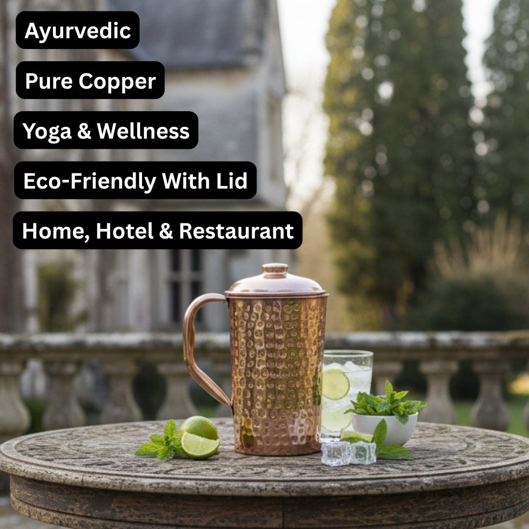 copper jug hammered design with cap 2 litre pure
