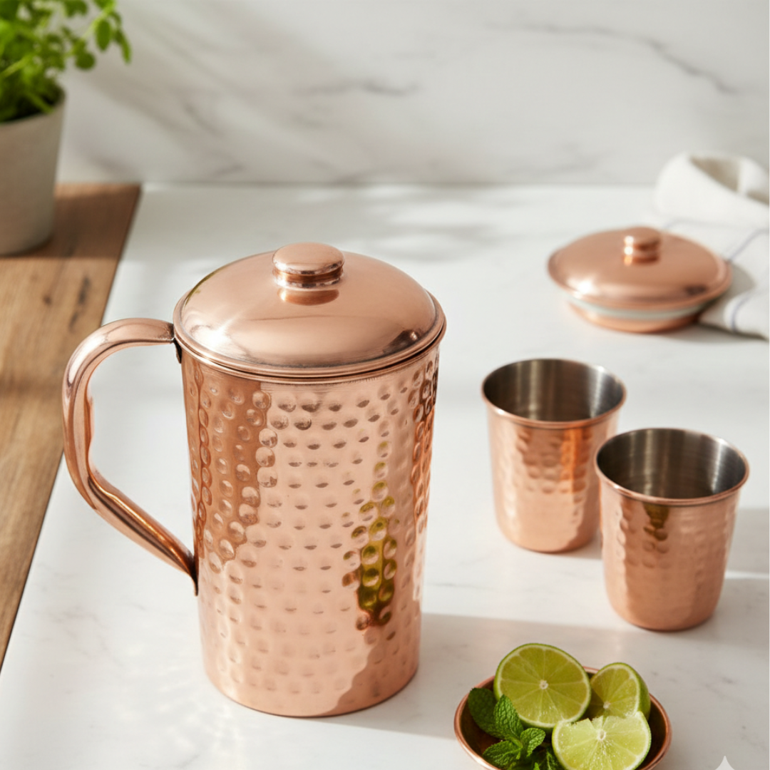 copper jug hammered design with cap 2 litre