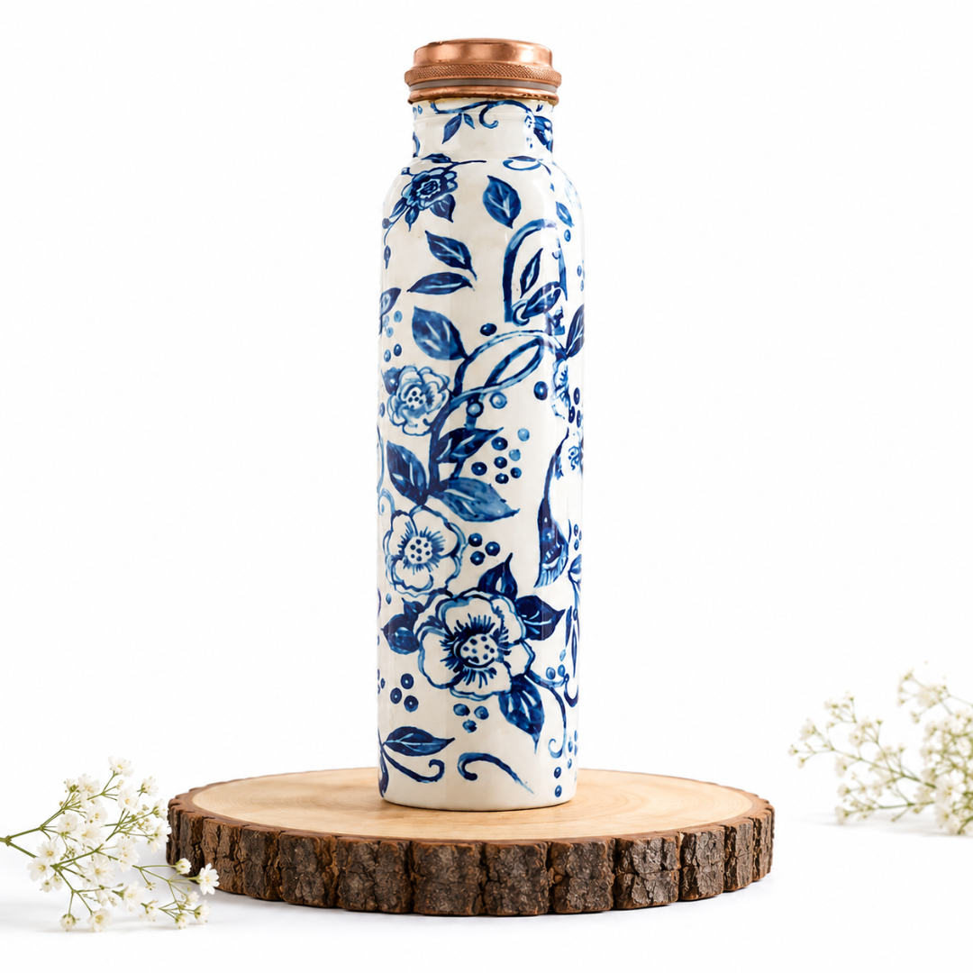 Blue printed copper water bottle